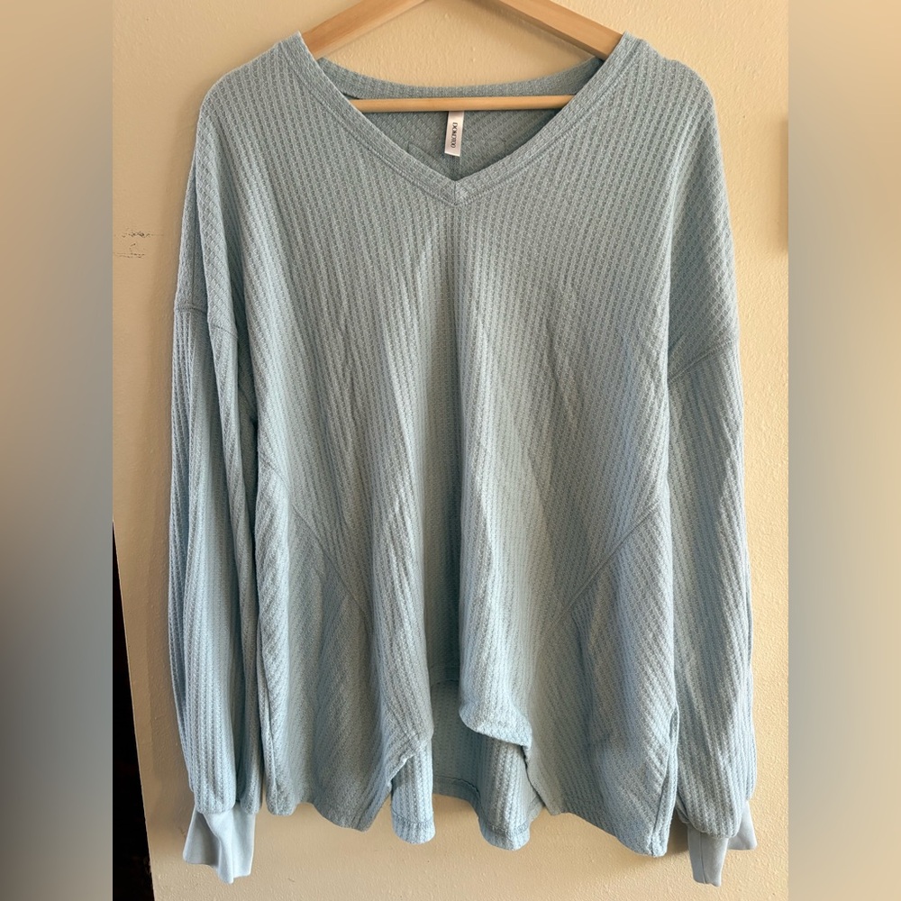 Dokotoo Light Blue V-Neck Waffle Knit Sweater